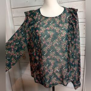 Vylette Women's XL Floral Ruffle Semi Sheer Lightweight Top Blouse Keyhole Ditzy